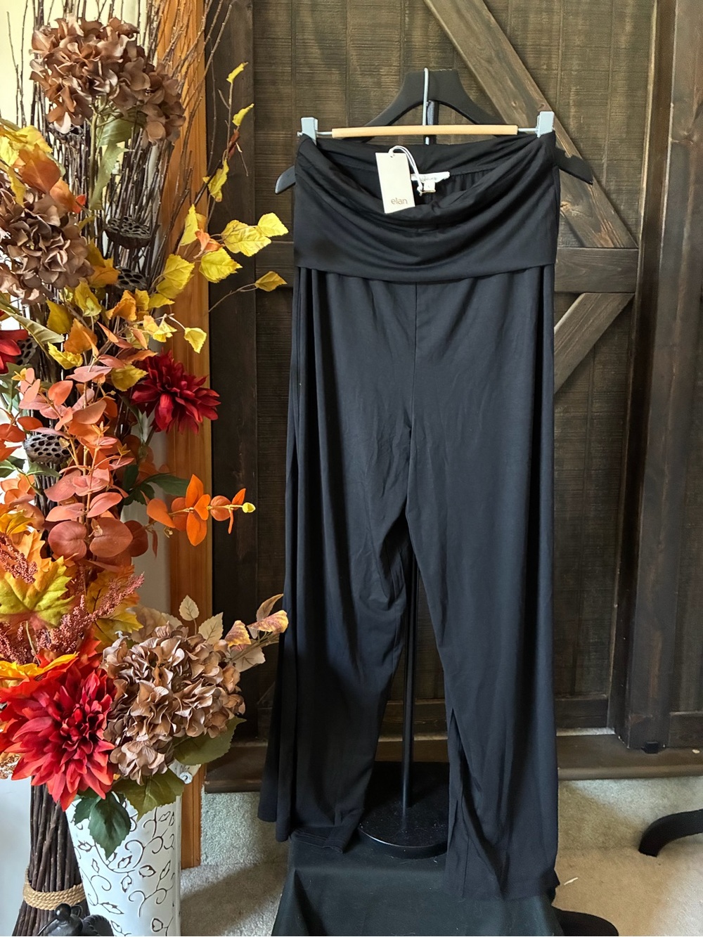 Elan Black Fold-Over Waist Palazzo Pants